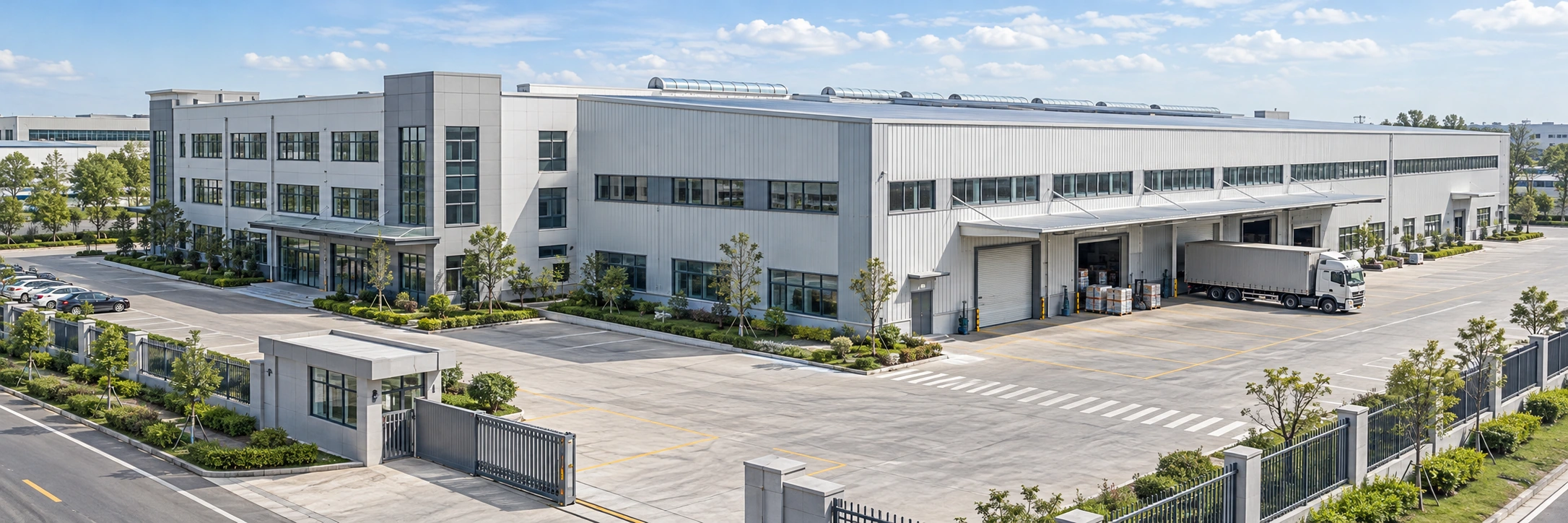 AI-generated factory exterior concept showing a manufacturing building, office entrance and organized loading area.
