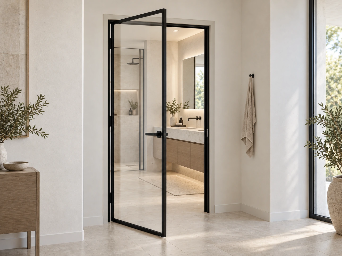 Black framed clear glass swing door at a bathroom dry-area entrance