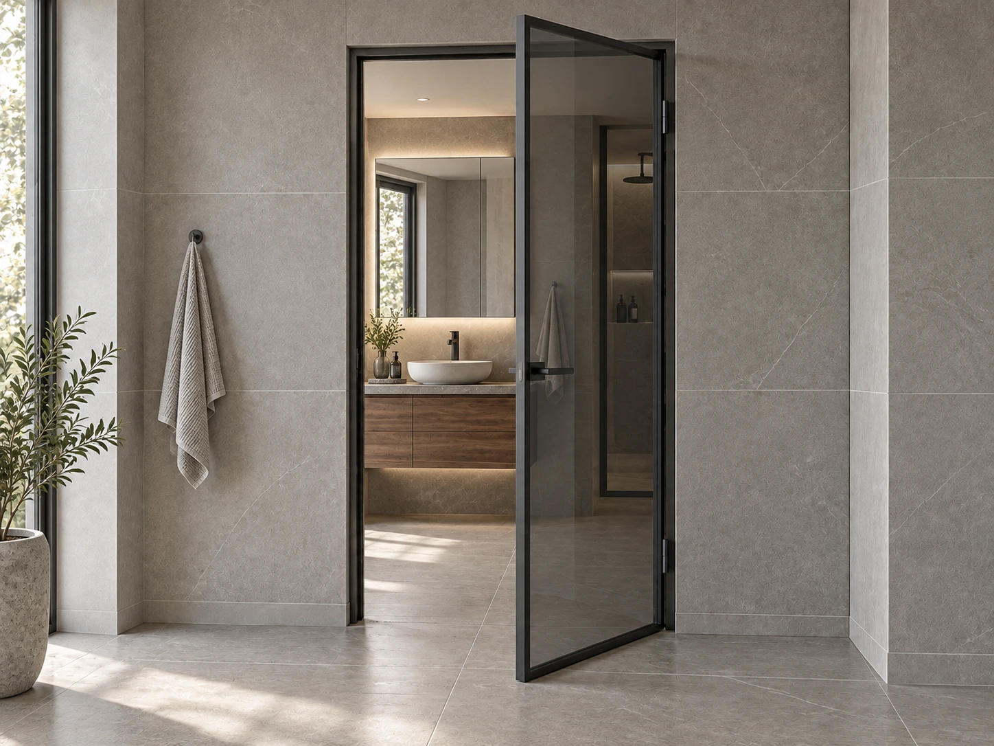 Graphite framed smoked glass swing door opening into a tiled bathroom vanity area