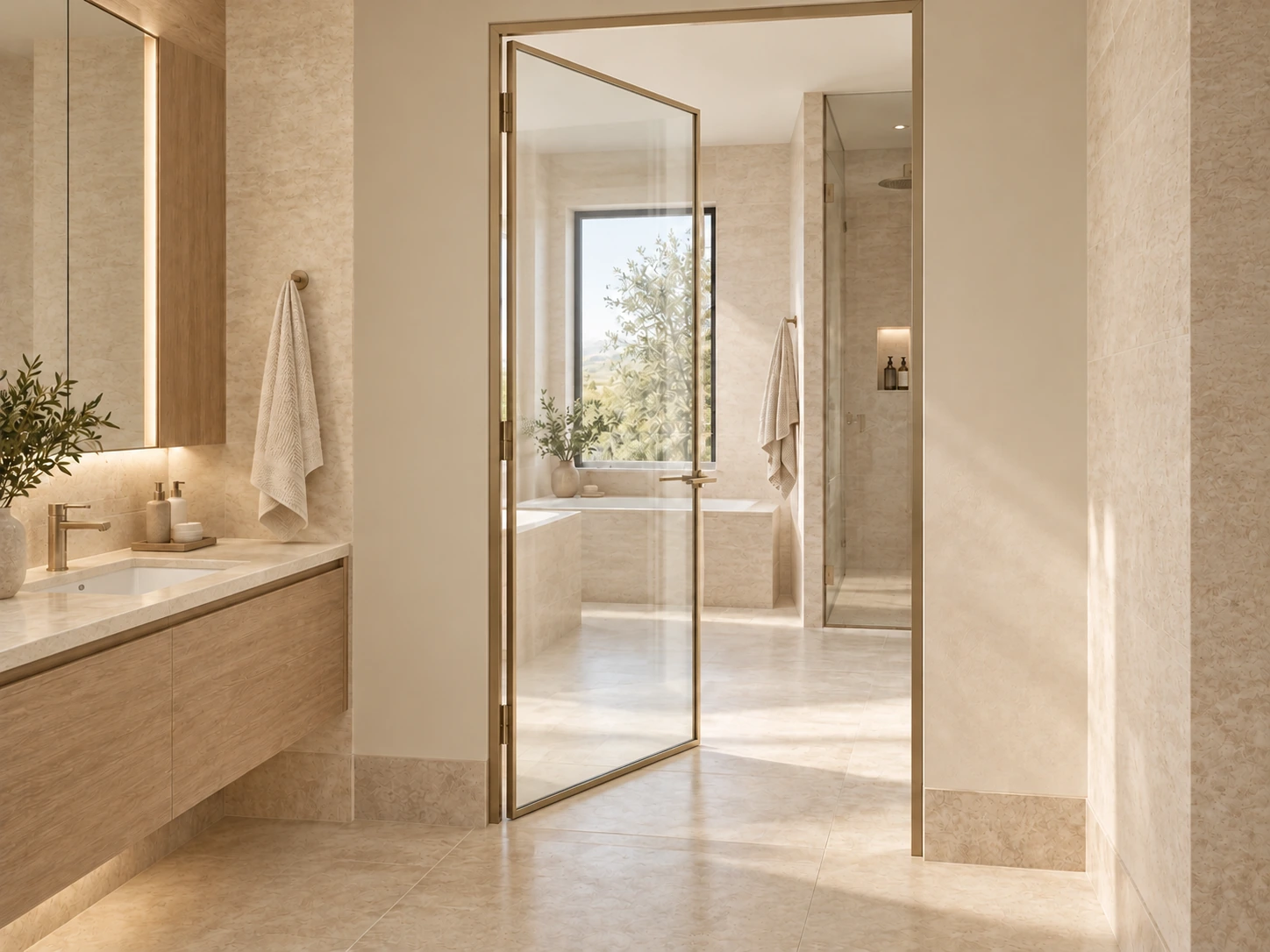 Slim champagne framed clear glass swing door beside a bathroom dry-area vanity