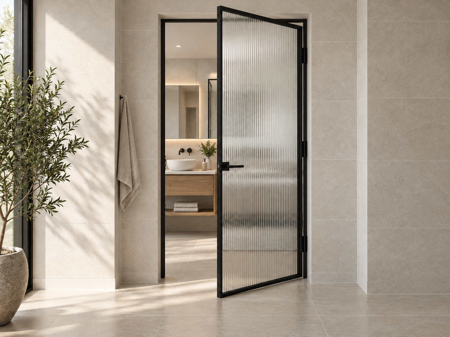 Black framed fluted glass swing door at a bathroom dry-area entrance