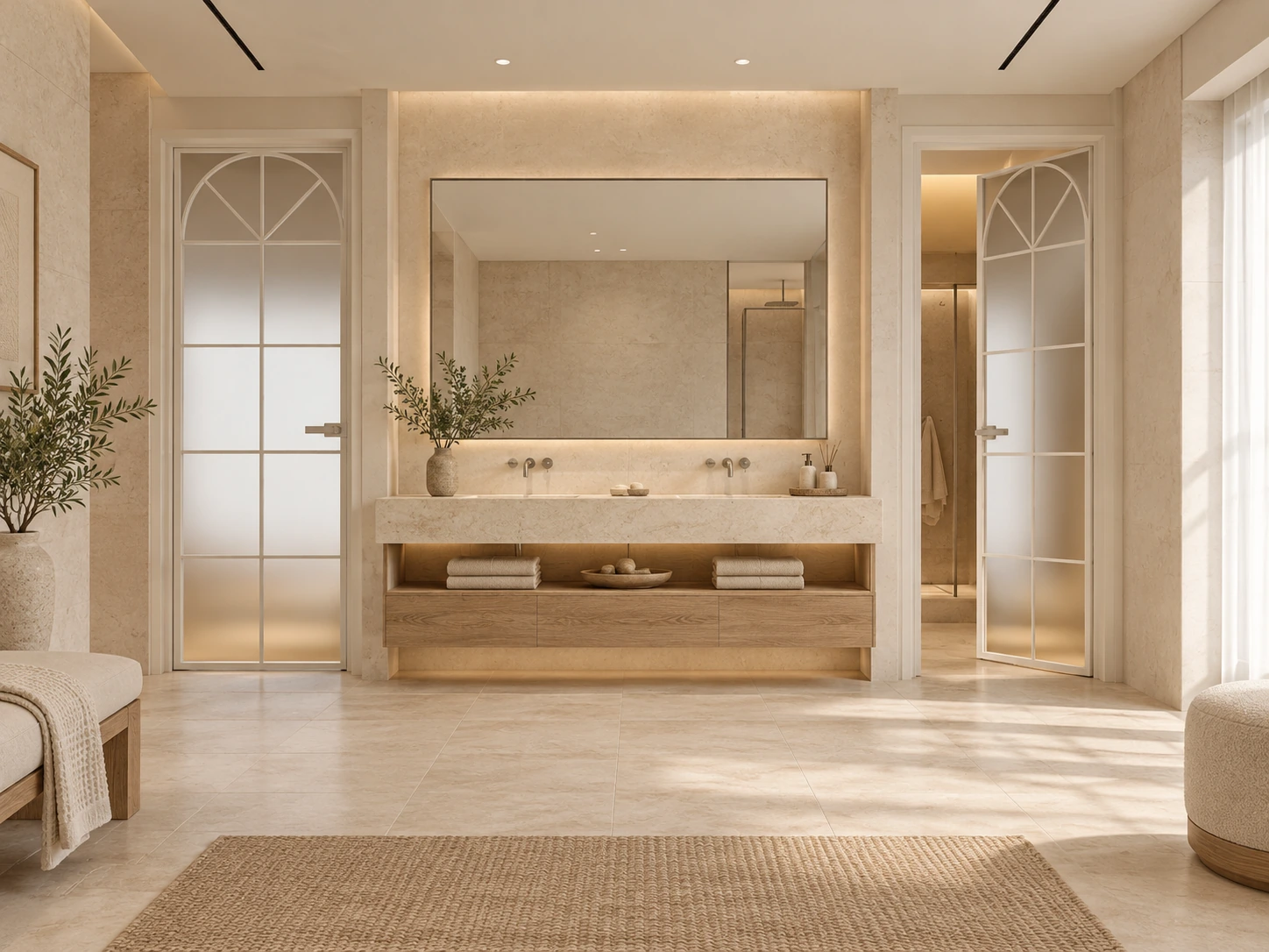 Two ivory framed decorative swing doors beside a bathroom double vanity