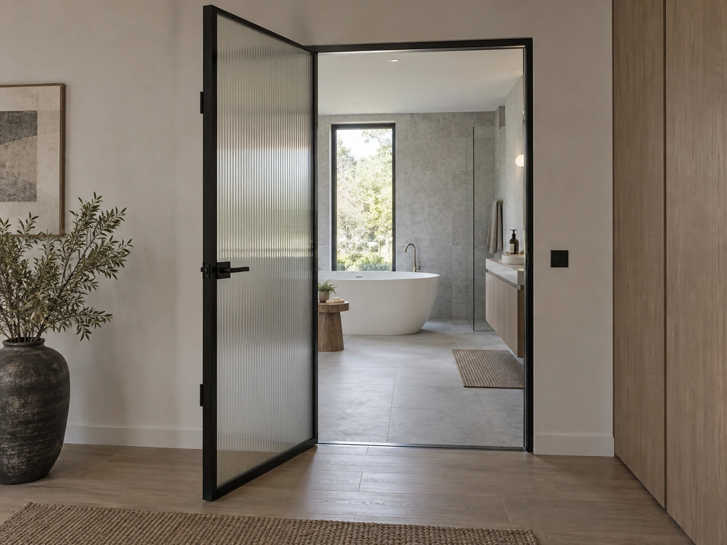 Black Frame · Bathtub View: slim framed bathroom swing door with a visible bathtub