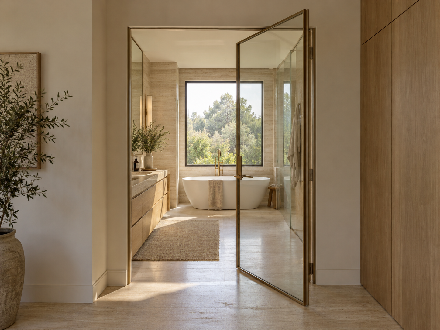 Slim champagne glass swing door with a bathtub visible inside the bathroom