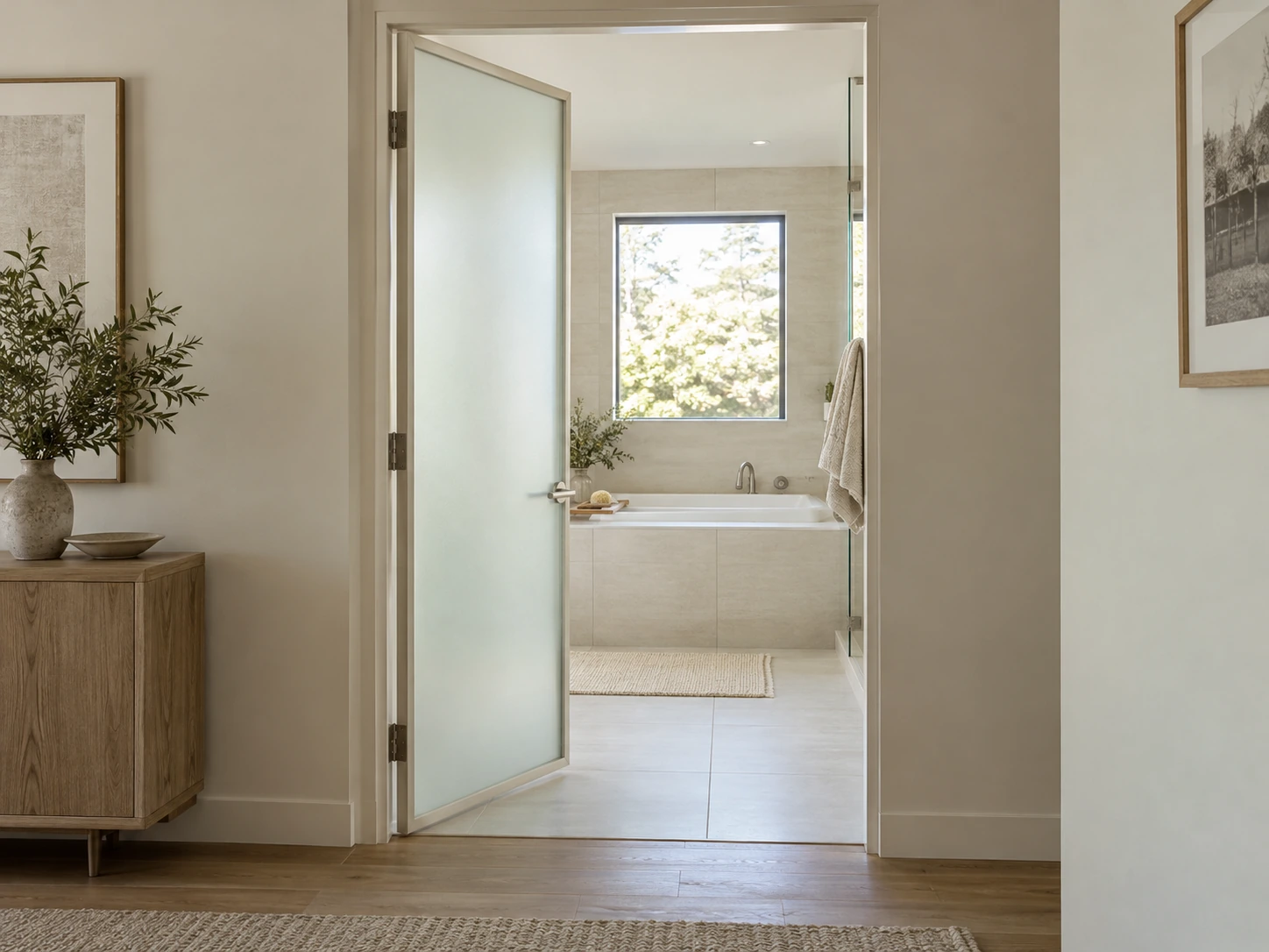 Ivory Frame · Bathtub View: slim framed bathroom swing door with a visible bathtub