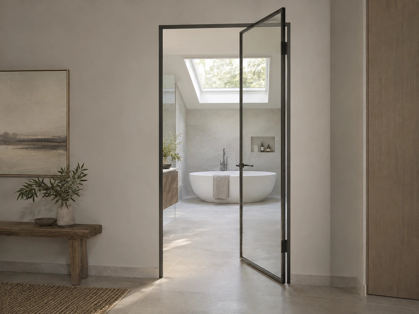 Graphite Frame · Bathtub View: slim framed bathroom swing door with a visible bathtub