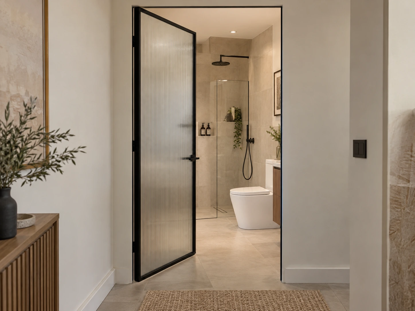 Black Frame · Compact Bathroom: slim framed bathroom swing door with a visible toilet