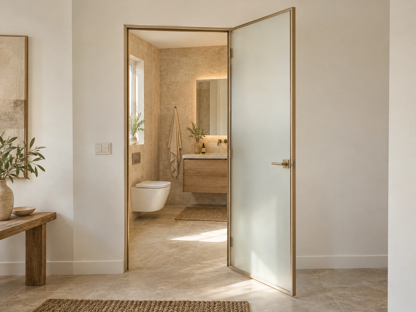 Champagne Frame · Bathroom View: slim framed bathroom swing door with a visible toilet