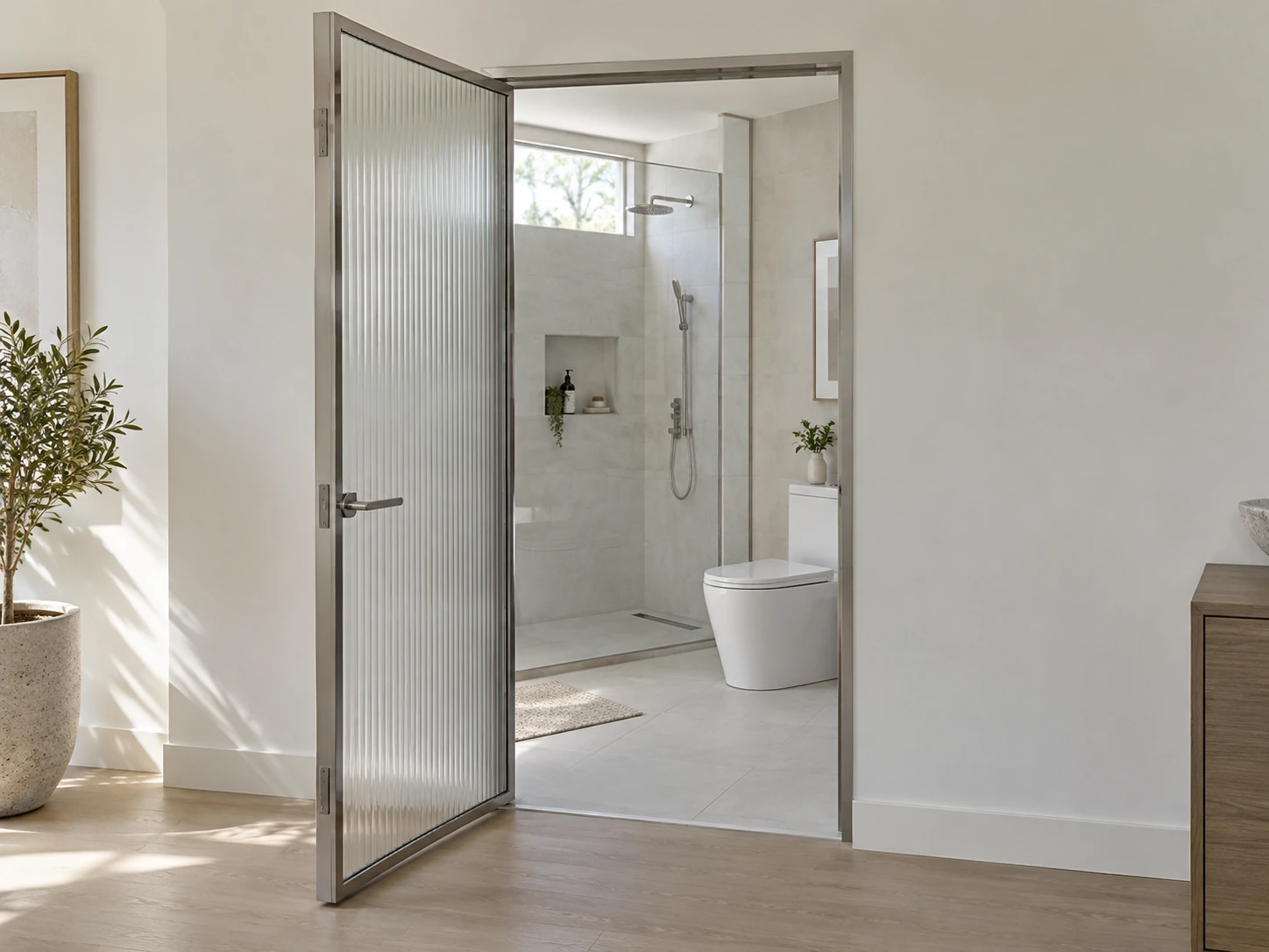 Silver Frame · Bathroom View: slim framed bathroom swing door with a visible toilet