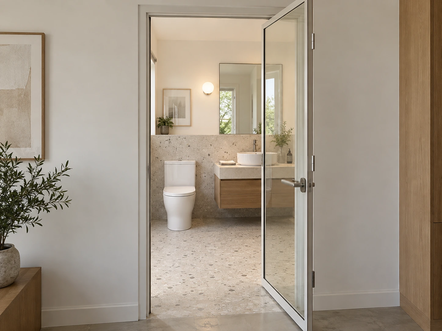 Ivory Frame · Bathroom View: slim framed bathroom swing door with a visible toilet