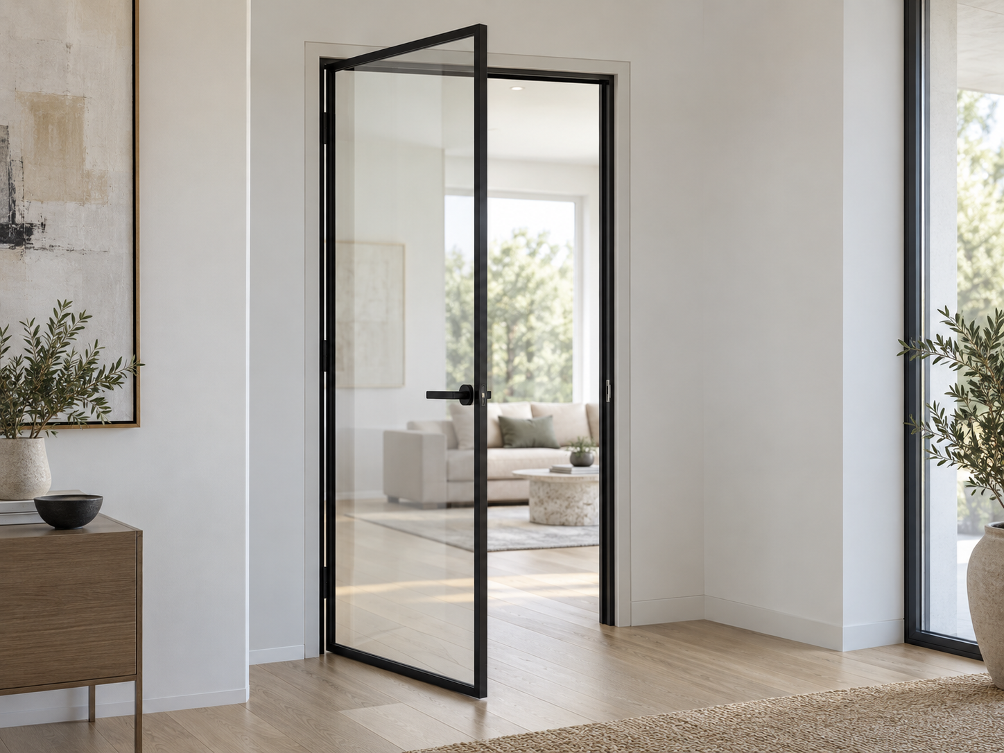 Black framed single glass swing door in a bright living room