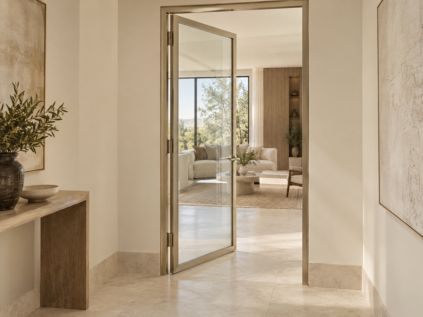 Warm metallic frame surrounding a glass door