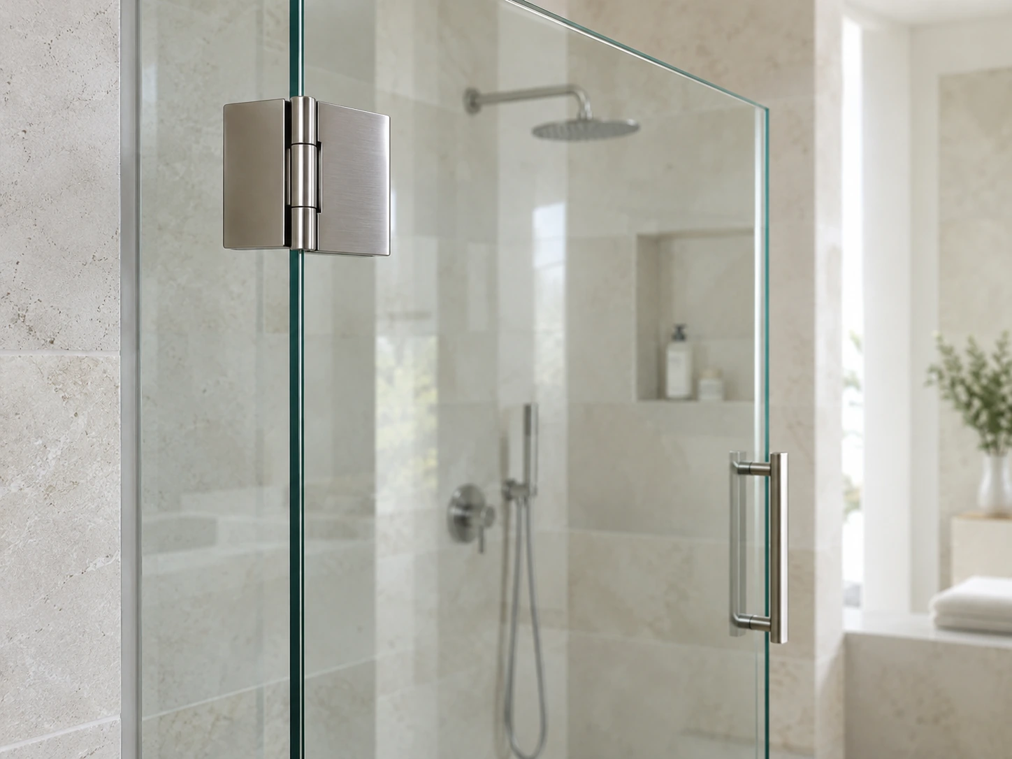 Architectural detail of a glass shower door with brushed silver hinge and handle