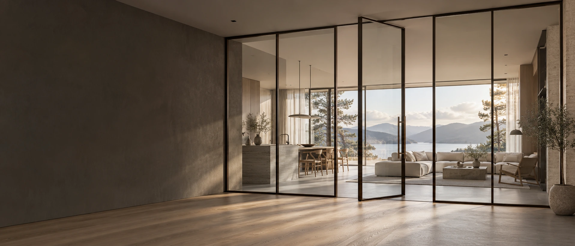 Tall pivot glass doors opening onto a bright living area