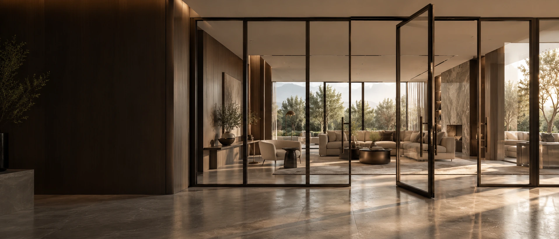 Multi-panel glass partition across an elegant living room
