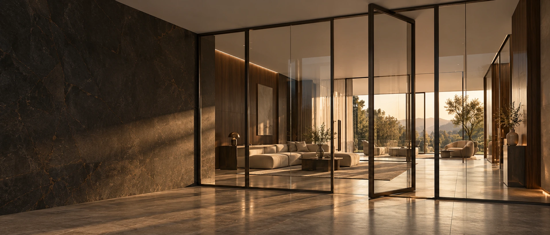 Luxury living space divided by slim framed glass doors