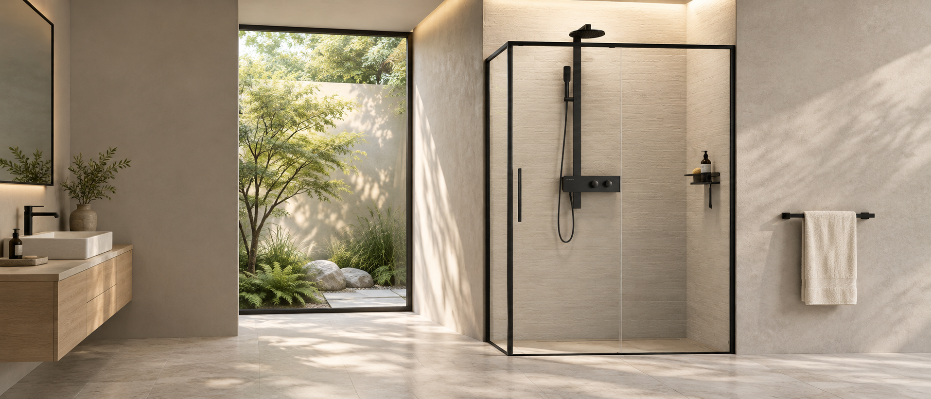 Black-framed glass shower enclosure beside a sunlit garden courtyard
