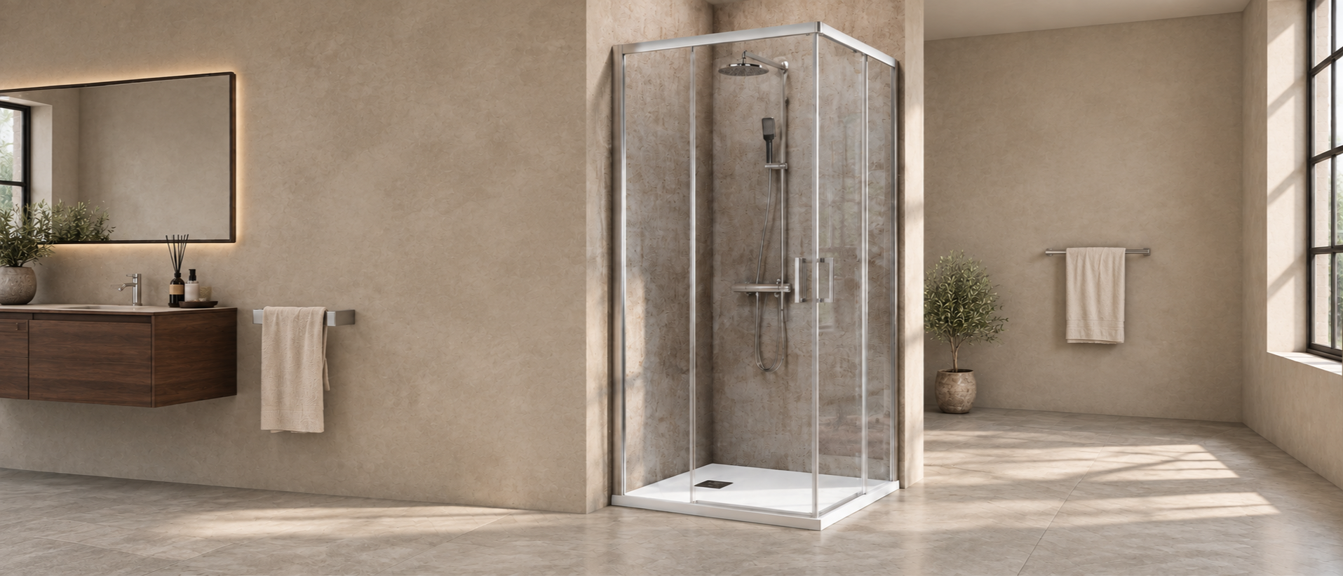 Slim silver-framed corner shower enclosure in a warm neutral bathroom
