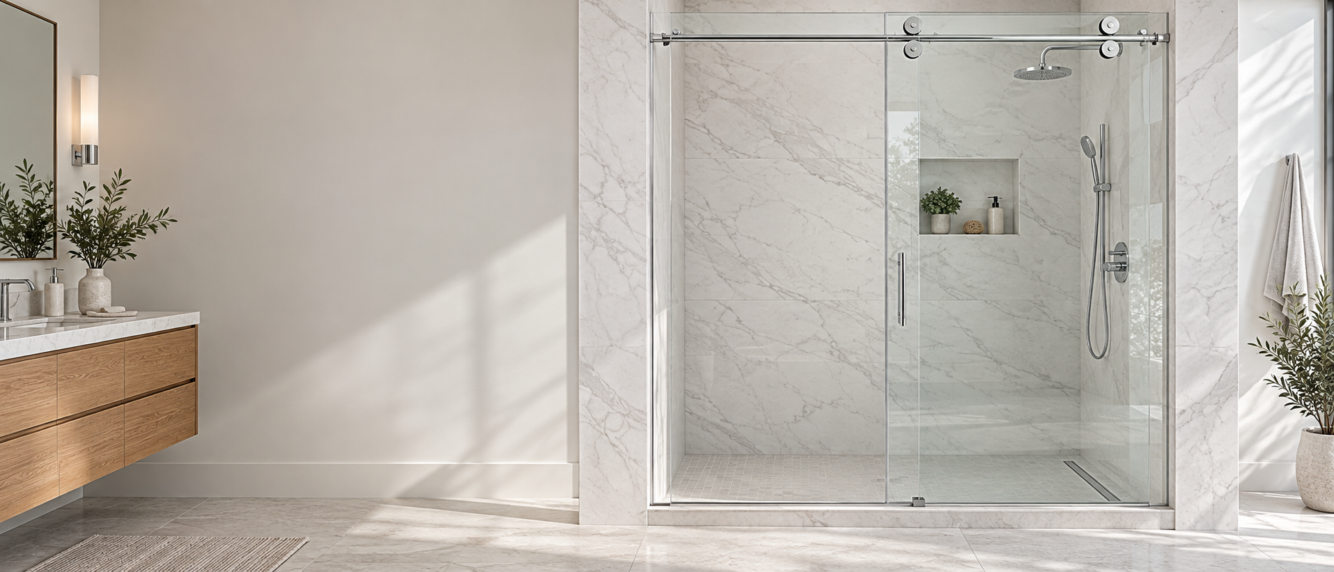 American-style sliding glass shower door with exposed silver rollers in a bright marble bathroom