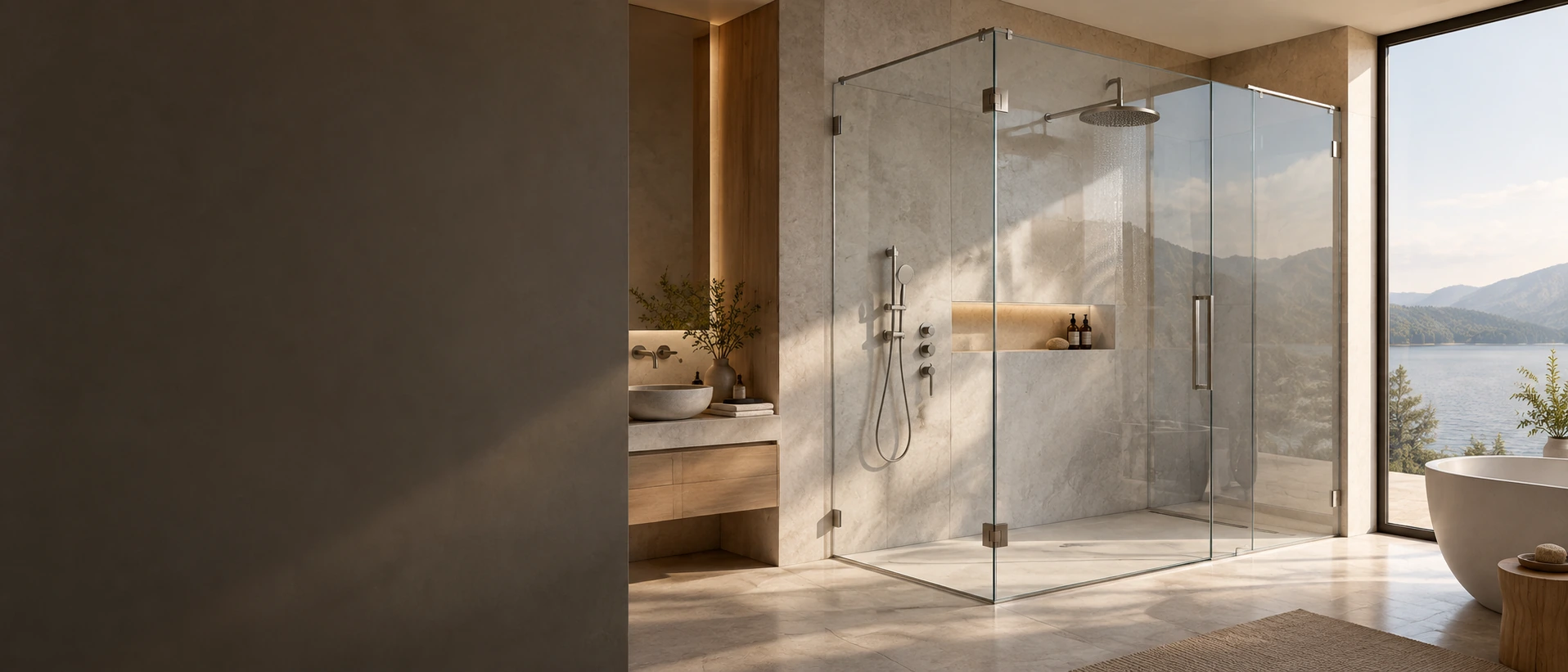 Bright corner shower enclosure beside a lake view