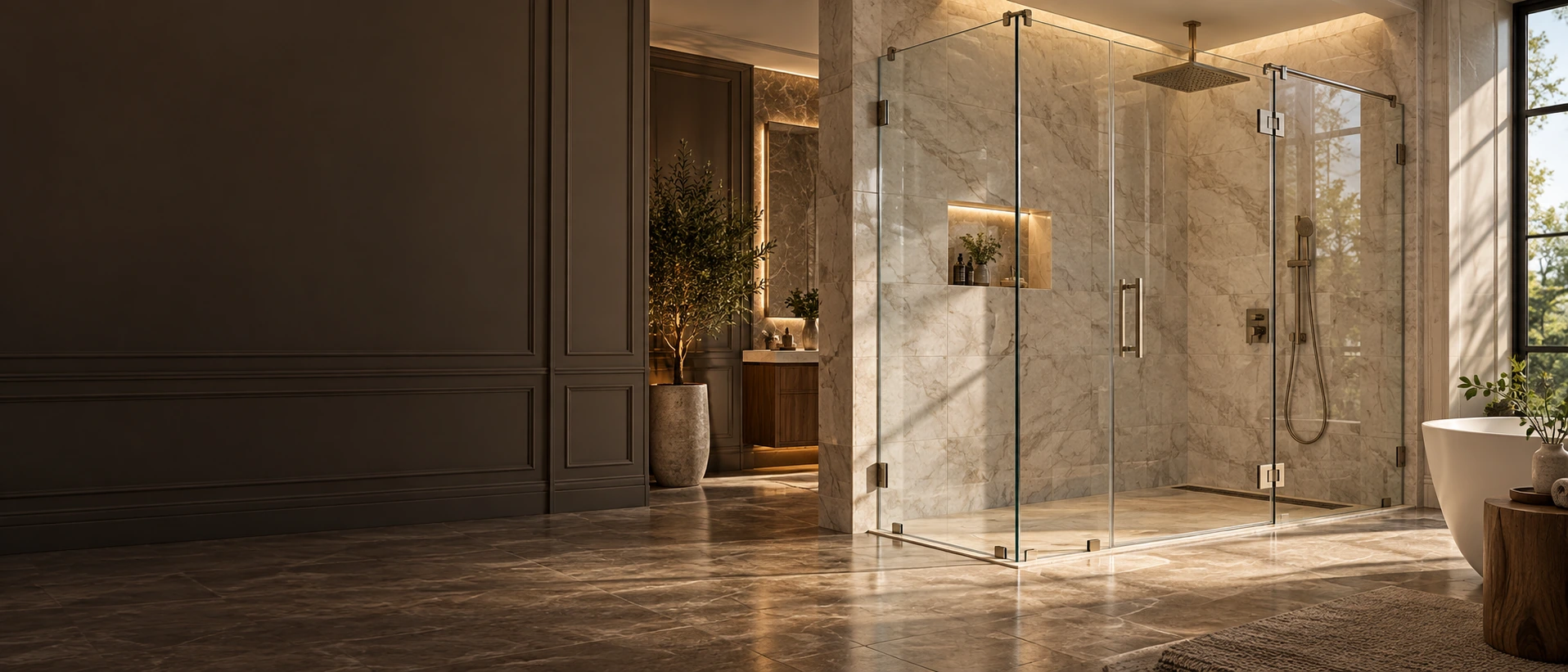 Hinged glass shower enclosure in a refined stone bathroom